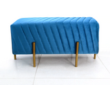 2 Seater Pleated Luxury Wooden Stool Blue With Gold Metal Legs