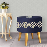 1 seater Navy Wooden Stool Round Polished legs with Motives check design