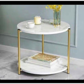 Black/White Marble Side End Table, 2-Tier Round Bedside Table with Storage Shelf