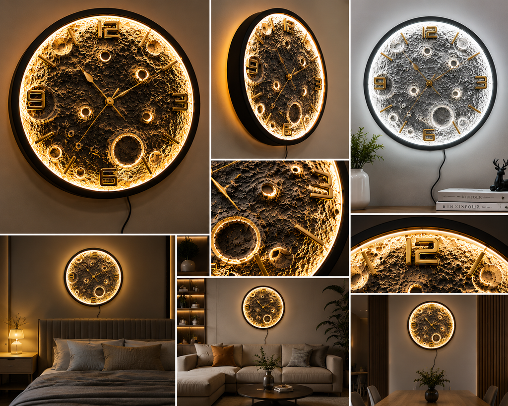 Luxury Moon LED Wall Clock – Modern 3D Lunar Design with Warm/Cool LED Light