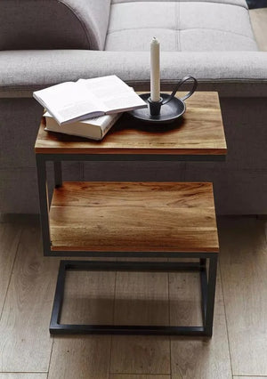 Sheesham Wood & Iron S Shape Bedside End Table