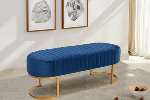 3 Seater Luxury Velvet Pleated Wooden Stool With Steel Stand