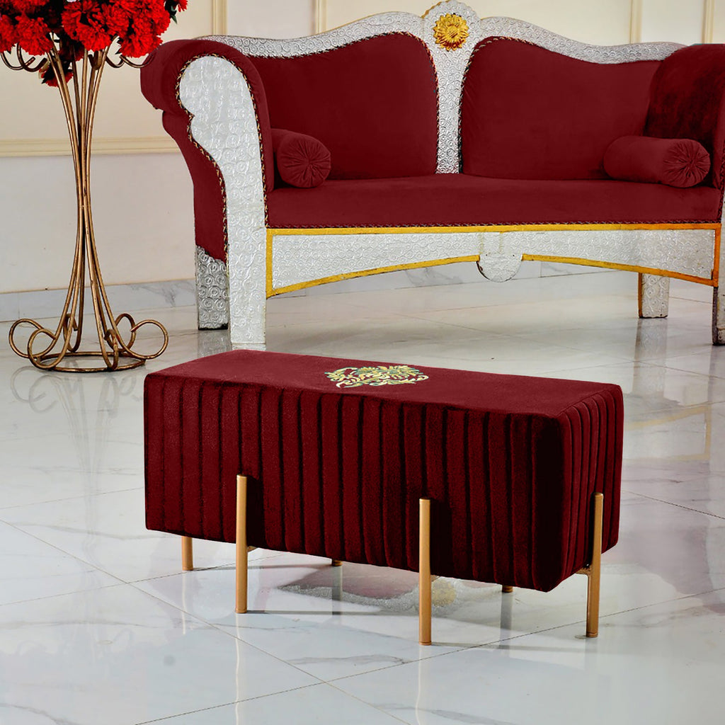 2 Seater Luxury Wooden Stool Maroon With Golden Metal Legs with motive
