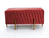 2 Seater Pleated Luxury Wooden Stool Maroon With Gold Metal Legs
