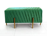 2 Seater Pleated Luxury Wooden Stool Green With Gold Metal Legs