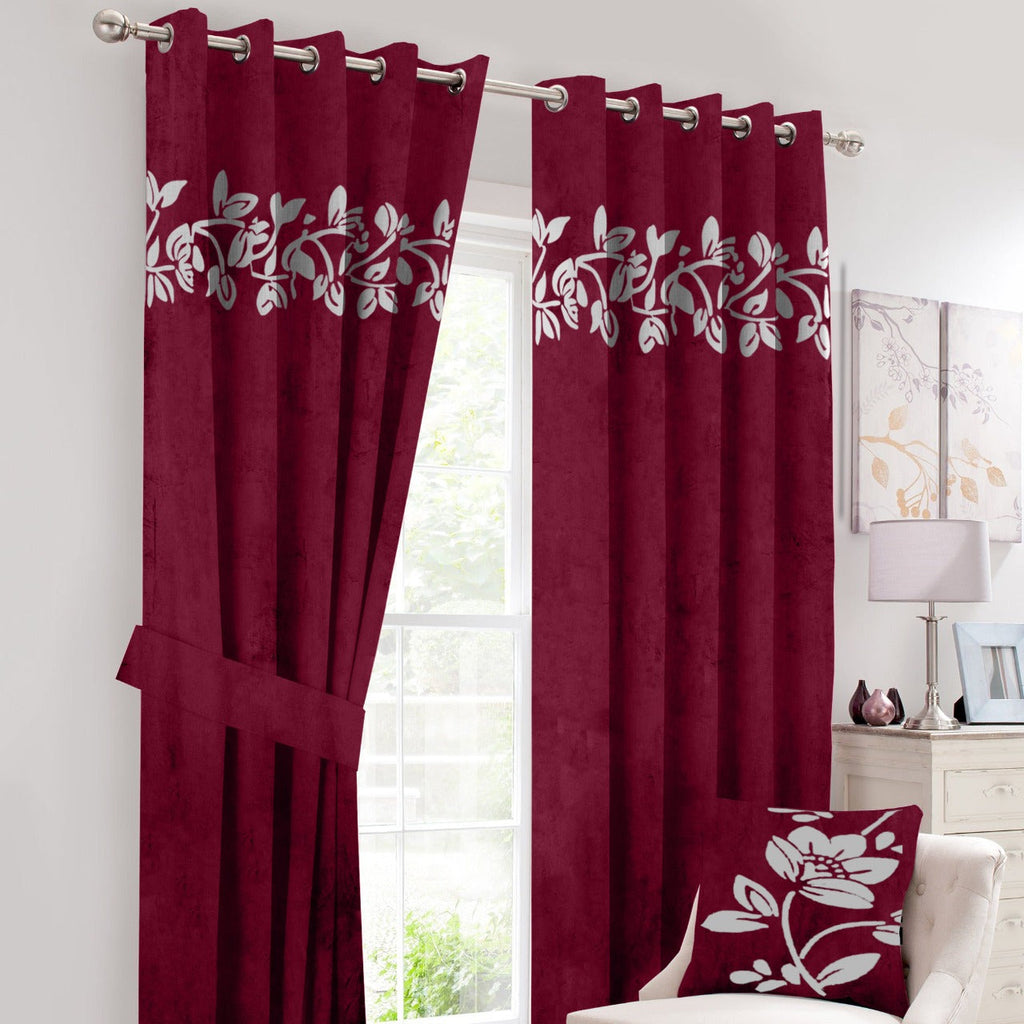 2 Pcs Velvet Floral Embroidered Curtains Maroon