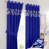 2 Pcs Velvet Floral Embroidered Curtains Royal Blue