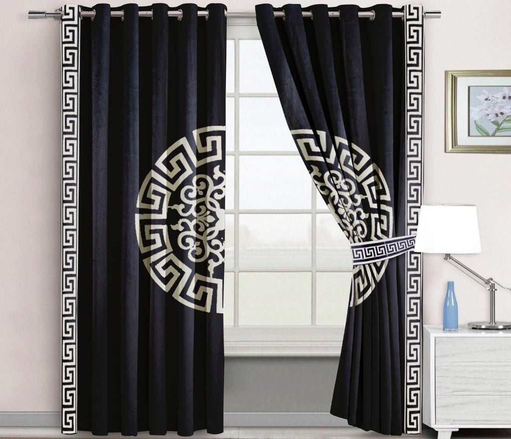 2 Pc's Luxury Motive Embroidered Velvet Greek Border Curtains Black/White