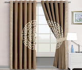 2 Pc's Luxury Motive Embroidered Velvet Greek Border Curtains Camel/White