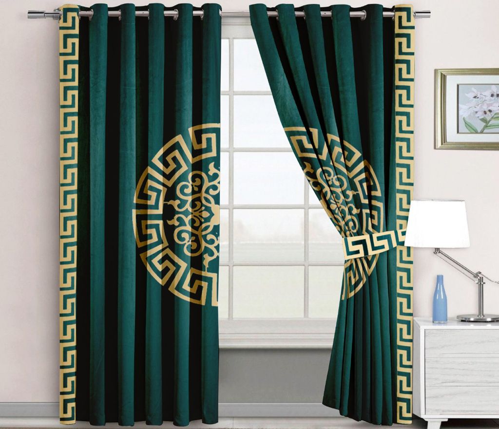 2 Pc's Luxury Motive Embroidered Velvet Greek Border Curtains Green/Gold