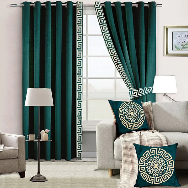 2 Pieces Luxury Velvet Curtain Panels 2 Cushion Covers and 2 Belts Green