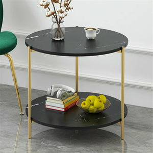 Black/White Marble Side End Table, 2-Tier Round Bedside Table with Storage Shelf