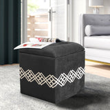 1 seater Wooden Stool Square Box Quilted Grey with Motive