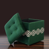 1 seater Wooden Stool Square Box Quilted Green with Motive