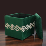 1 seater Wooden Stool Square Box Quilted Green with Motive