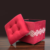 1 seater Wooden Stool Square Box Quilted Red with Motive