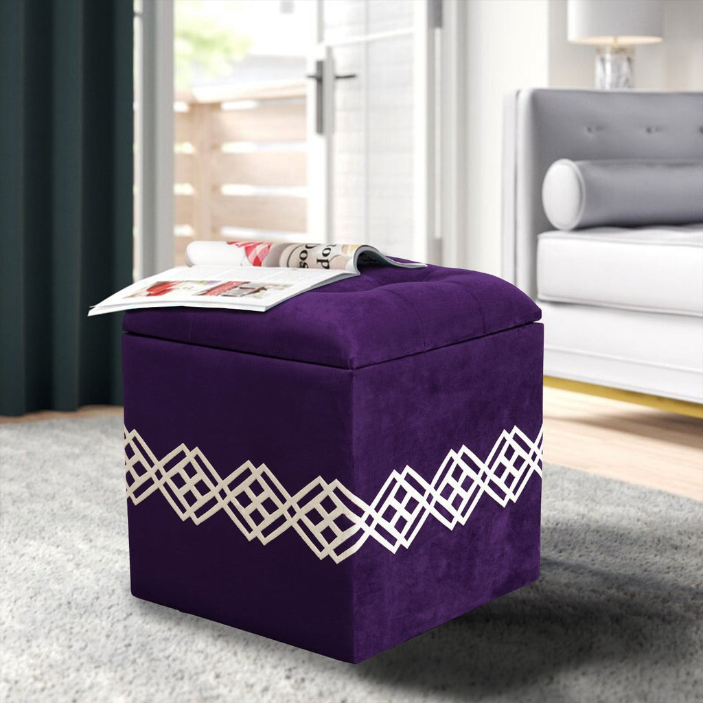 1 seater Wooden Stool Square Box Quilted Purple with Motive