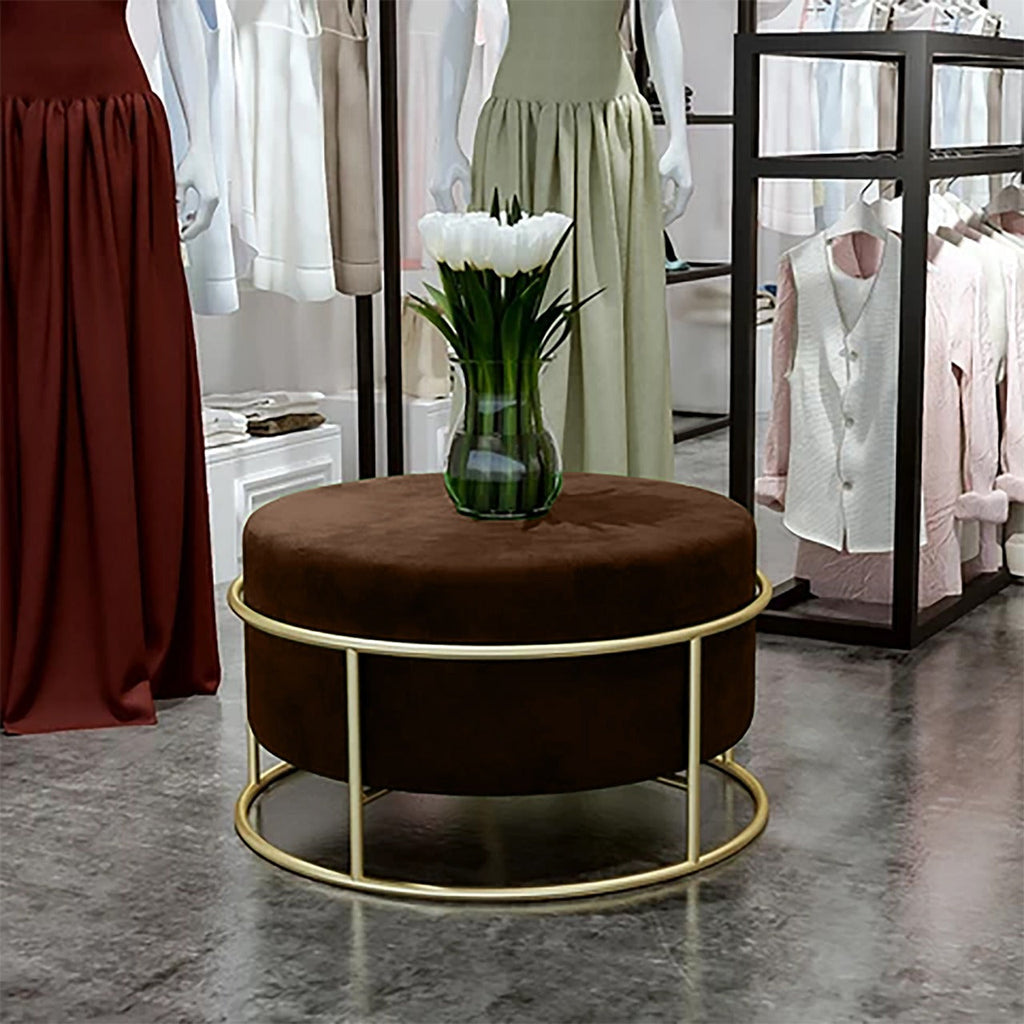 Luxury Wooden Round stool With Metal Stand Dark Brown