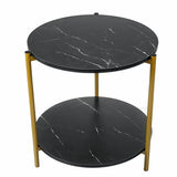 Black/White Marble Side End Table, 2-Tier Round Bedside Table with Storage Shelf