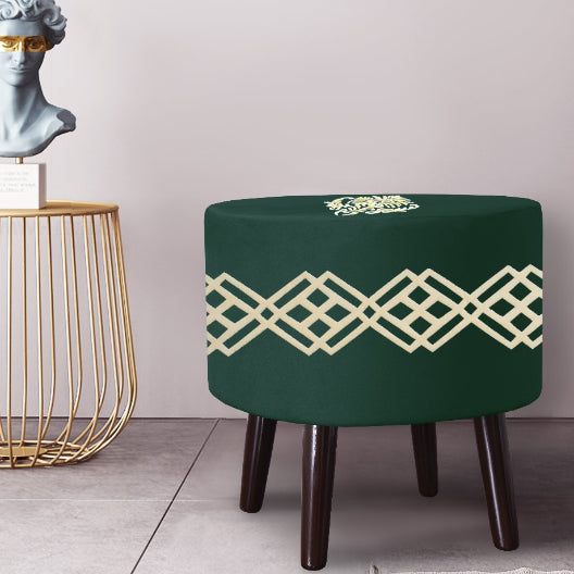1 seater Green Wooden Stool Round Polished legs with Motives check design