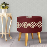 1 seater Maroon Wooden Stool Round Polished legs with Motives check design