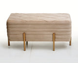 2 Seater Pleated Luxury Wooden Stool Beige With Gold Metal Legs