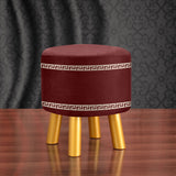 Round bordered Maroon Wooden Stool With Golden Polished Legs
