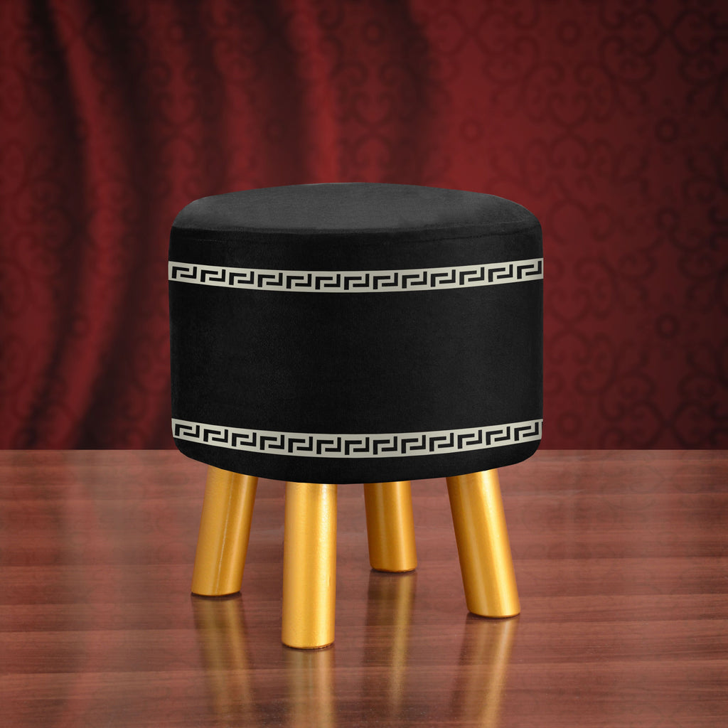 Round bordered Black Wooden Stool With Golden Polished Legs