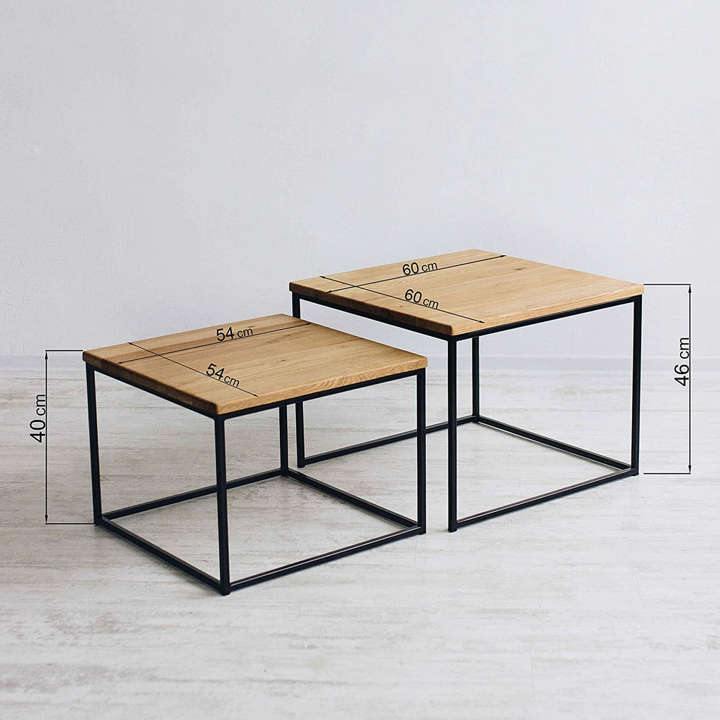 Set of 2 Smoked Ash Wood Side Table with Metal stand