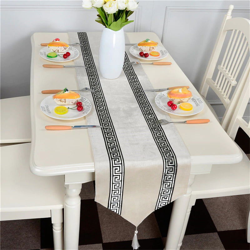 Luxury velvet Embroidered Table Runner set - Cream/Grey