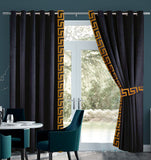 2 Pc's Luxury Embroidered Velvet Greek Border Curtains Black/Gold
